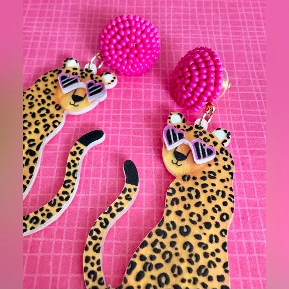New Eclectic Acrylic Leopard w/ Heart Sunglasses & Pink Beads Earrings - 3”